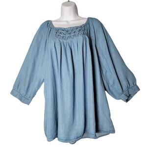Club Z Collection 1X Chambray Denim Peasant Top Smocked Boho Cottagecore Peasant